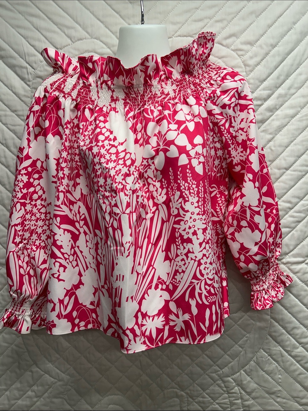 Tuckernuck Pink and White Floral Smocked Off-Shoulder Blouse